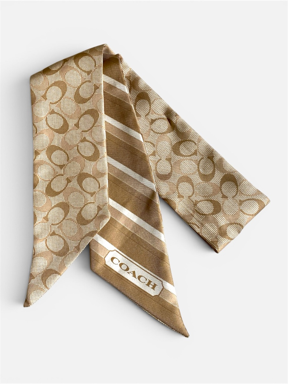 Coach Beige and Tan Signature Silk Sunny Scarf Twill